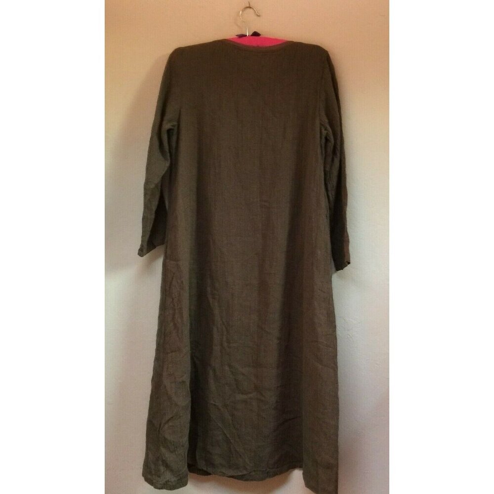 Women's Round Neck Linen Blend 3/4 Sleeve Casual A-Line Midi Dress Green